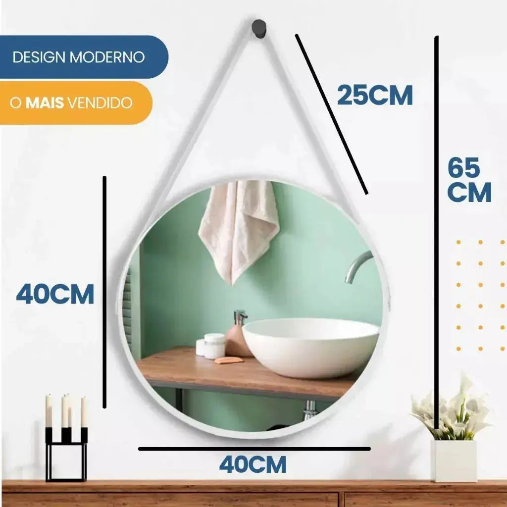 Espelho Adnet Redondo 40cm com Alça em Couro